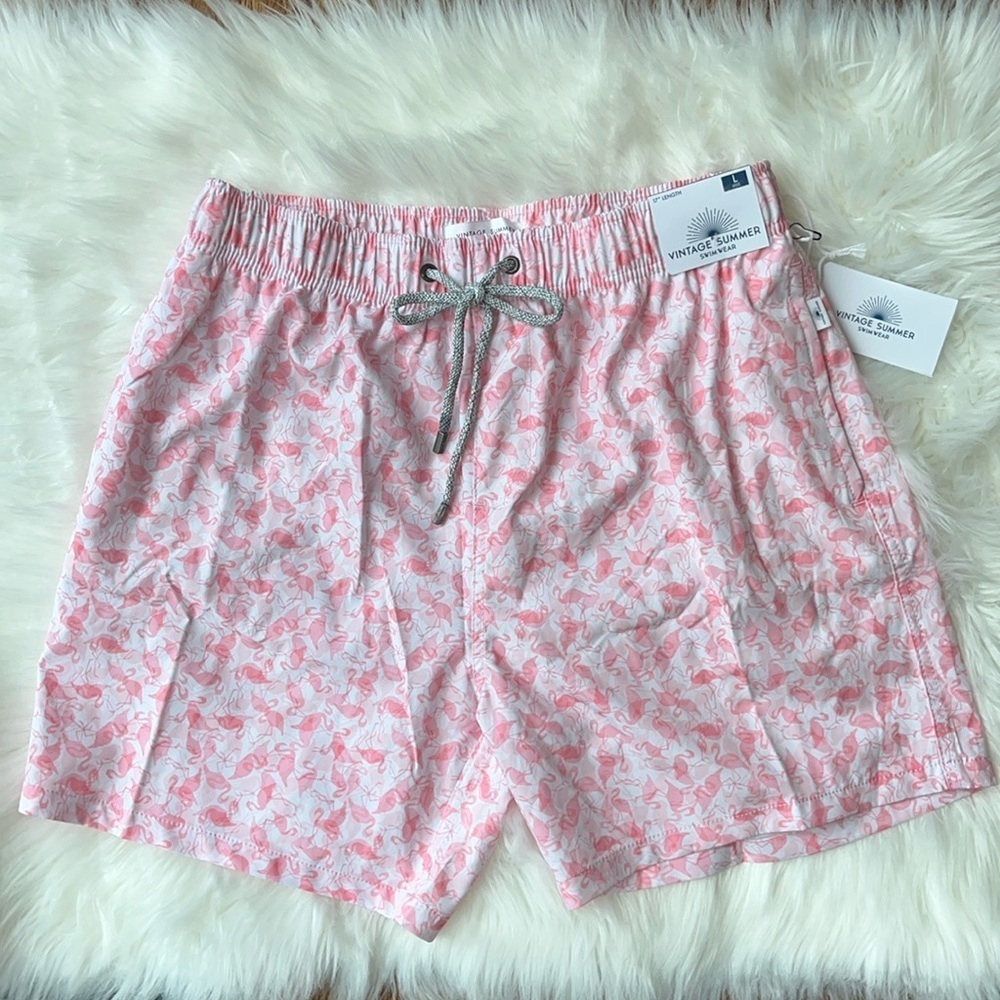 🆕 Men’s Vintage Summer Swim Trunks Pink Flamingos Swimwear Quick Dry Size L